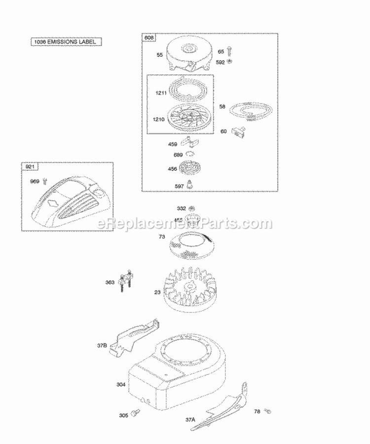 Blower HousingShrouds Flywheel Rewind Starter Diagram and Parts List for 10S902-0554-B1  Briggs and Stratton Engine